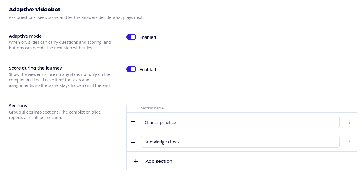 Adaptive videobot settings
